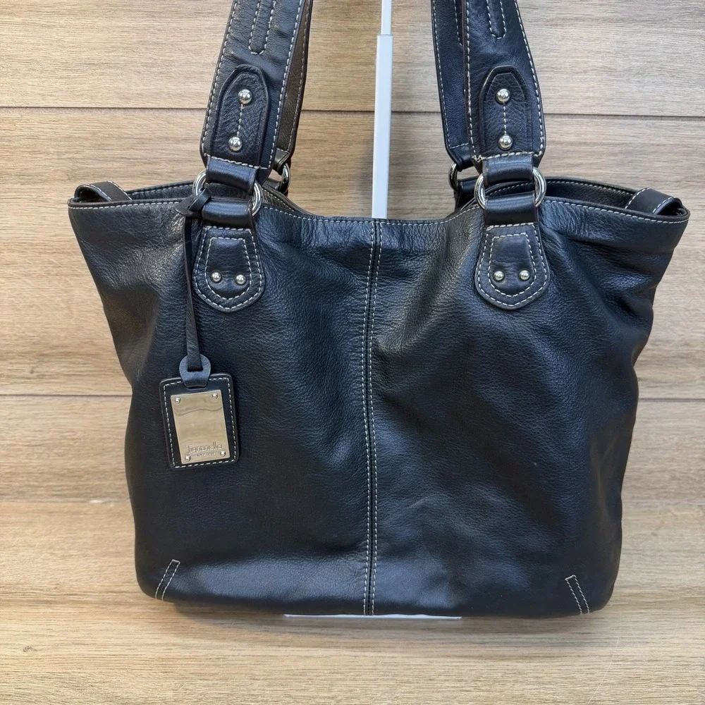 TIGNANELLO Black Pebbled Leather Shoulder Bag Large Tote Classic Double Handle